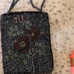 Source Unknown Black Beaded Floral Wristlet with Red and Green Accents